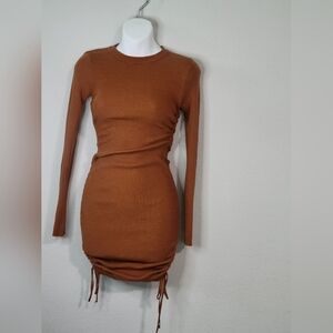 Brown Ribbed Bodycon Dress with Ruched Detail